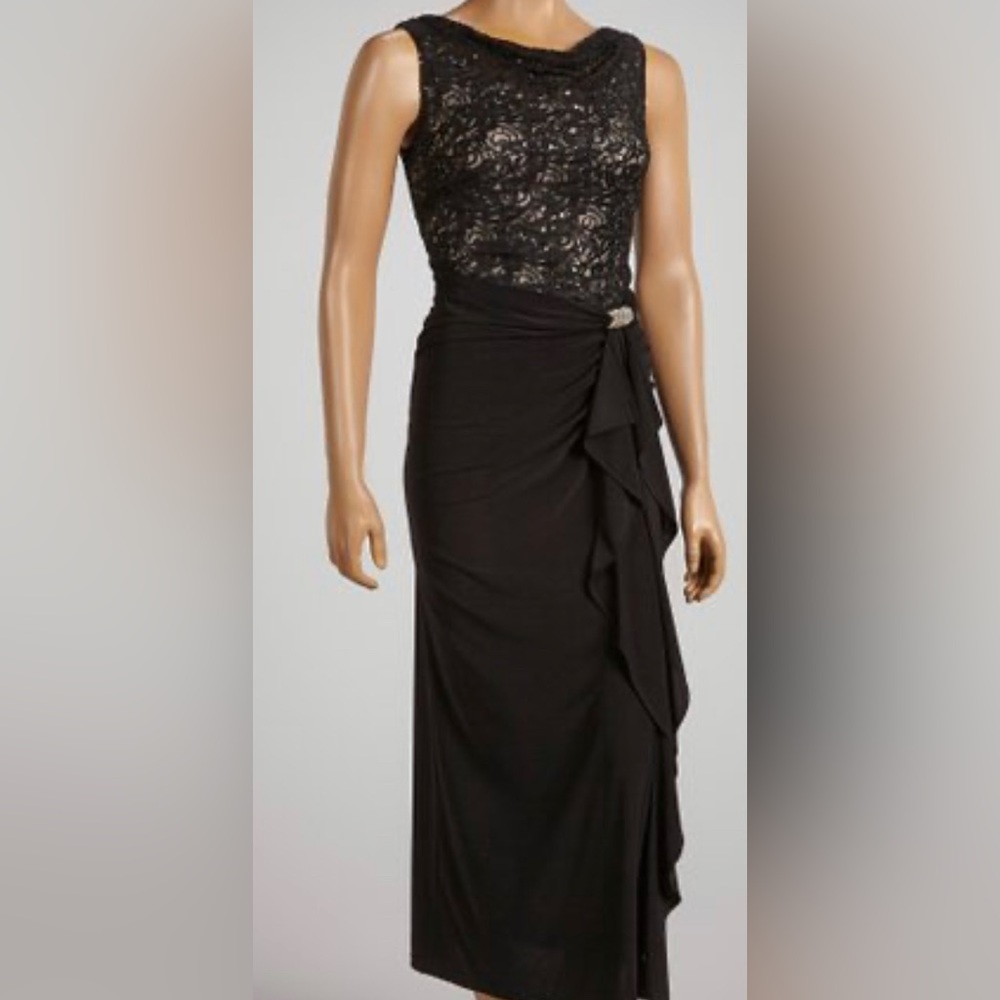 Kathy Roberts 12 Formal Black Lace Sleeveless Ruffle Gown Long Draped